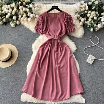 Утягивающее талию тонкое темпераментное нежное французское платье с объемными рукавами женское летнее платье трапециевидной формы с круглым вырезом One Size чёрный