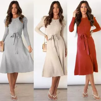 Утягивающее трикотажное платье с высокой талией и длинными рукавами средней длины, платье-свитер, большое свободное платье S чёрный