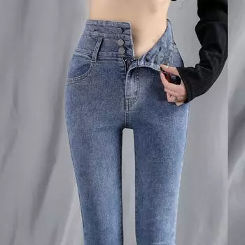 Утягивающие женские узкие джинсы с высокой талией и флисом для высоких женщин на весну и зиму S чёрный