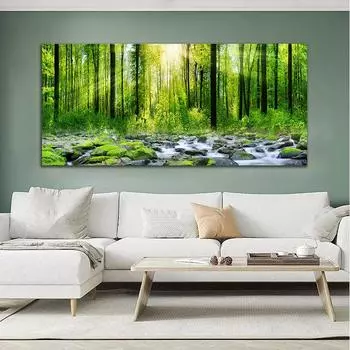 Утренний восход солнца, зеленые деревья, пейзаж, солнечный свет над лесом, фотография, картины на холсте и принты для домашнего декора стен, безрамные 20x40cm No Framed