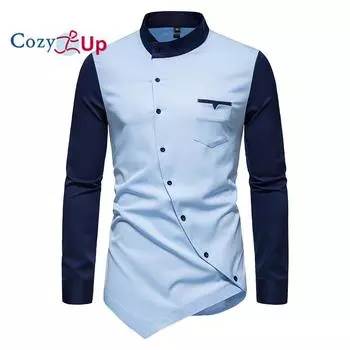 Уютная элитная рубашка с косыми пуговицами нестандартного контрастного цвета и воротником Генри S синий