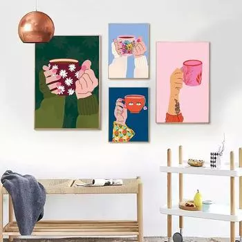 Уютная чашка чая в стиле ретро с художественным принтом, цветочный декор в стиле бохо, эклектичная красочная ботаническая картина на холсте, детская кухонная кружка, настенная художественная картина 21x30cm No Framed