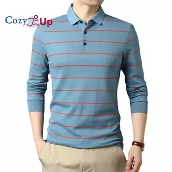 Уютная деловая повседневная полосатая мужская рубашка-поло из чистого хлопка с длинными рукавами