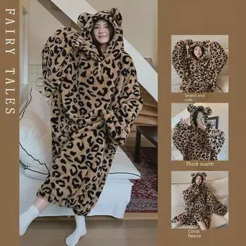 Уютная флисовая ночная пижама с капюшоном и леопардовым принтом - теплый зимний пуловер-халат для дома M (80-100 cm)