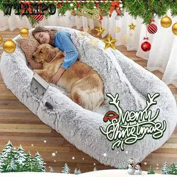 Уютная лежанка для собак всех пород размером с человека - 71 x45 x12 из искусственного меха с нескользящей основой, моющаяся, в комплект входит плюшевая подушка и одеяло - серый 5XL хаки