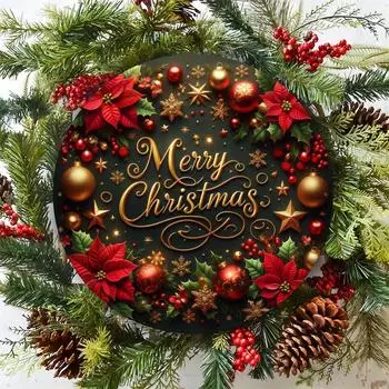 Уютная металлическая табличка «Рождественский венок» — 8-дюймовый круглый праздничный декор для дома, идеально подходящий для праздничных торжеств чёрный