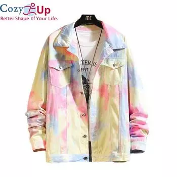 Уютная мужская джинсовая куртка, уличная одежда, камуфляж, винтажная джинсовая джинсовая куртка с принтом тай-дай, пальто в стиле хип-хоп, Harajuku, розовая куртка-бомбер, панк-рок
