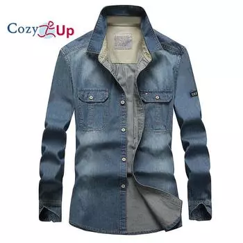 Уютная мужская джинсовая рубашка на пуговицах с длинным рукавом, повседневные приталенные рубашки M синий