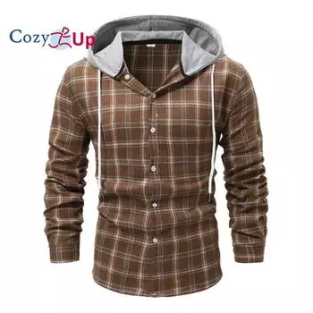 Уютная мужская фланелевая рубашка с капюшоном в клетку с длинным рукавом, осенние повседневные рубашки на пуговицах S коричневый