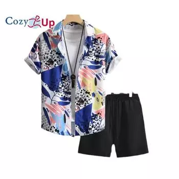 Уютная мужская гавайская рубашка и короткие комплекты отпускной одежды из 2 предметов. Рубашка с коротким рукавом. Пляжные повседневные рубашки на пуговицах. Костюмы. S фиолетовый