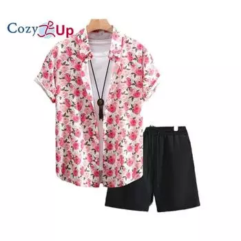 Уютная мужская гавайская рубашка и короткие комплекты из 2 предметов, повседневная пляжная рубашка на пуговицах с коротким рукавом с цветочным принтом и шорты S розовый