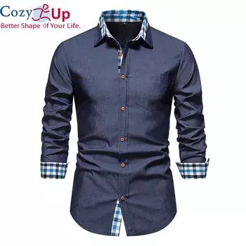 Уютная мужская модная джинсовая рубашка с решетчатой строчкой, мужские джинсы с длинным рукавом на пуговицах, классические рубашки, сорочка Homme S светло-синий