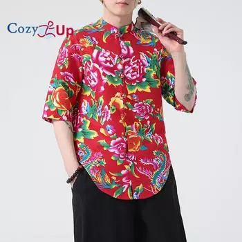 Уютная мужская повседневная рубашка с цветочным принтом и пионом в стиле ретро с большим цветком и пионом M красный