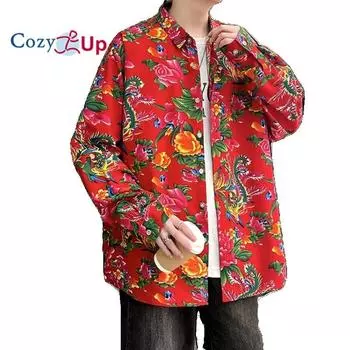 Уютная мужская повседневная свободная рубашка с длинным рукавом и цветком пиона M синий