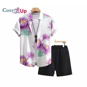 Уютная мужская рубашка с цветочным принтом, гавайские комплекты, повседневная рубашка на пуговицах с коротким рукавом и однотонные быстросохнущие пляжные шорты S розовый
