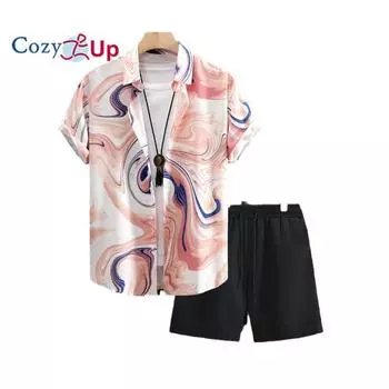 Уютная мужская рубашка с цветочным принтом, гавайские комплекты, повседневная рубашка на пуговицах с коротким рукавом и однотонные быстросохнущие пляжные шорты S розовый