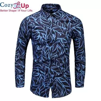 Уютная мужская рубашка с цветочным принтом, повседневная рубашка с длинным рукавом и принтом листьев, облегающее праздничное платье, рубашка с цветочным принтом, мужская сорочка, винтажная одежда M синий