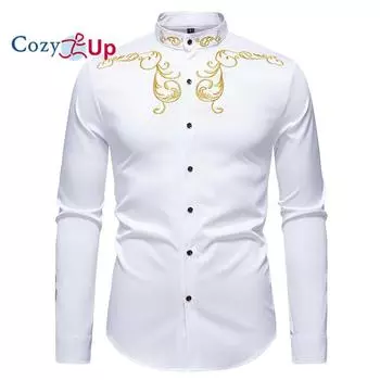 Уютная мужская рубашка с длинным рукавом и вышивкой, повседневная однотонная рубашка с воротником-стойкой, мужская рубашка в европейском стиле для вечеринок и ночных клубов S белый