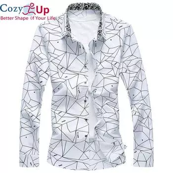 Уютная мужская рубашка с длинным рукавом с принтом, тонкая деловая рубашка для отдыха, повседневная брендовая рубашка, топы M белый