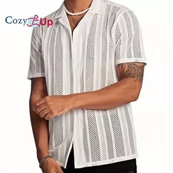 Уютная мужская сетчатая блузка с пуговицами спереди в полоску, рубашка, повседневный топ с короткими рукавами и лацканами S белый