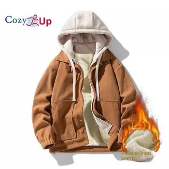 Уютная мужская вельветовая куртка на флисовой подкладке с капюшоном на молнии, зимнее уличное пальто на пуговицах M чёрный