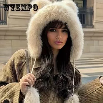 Уютная плюшевая шапка с ушками медведя для женщин - теплая, эластичная акриловая зимняя шапка с ушами, модная и универсальная