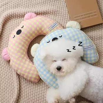 Уютная подушка для домашних животных с мультяшным дизайном U-образная недеформируемая моющаяся эластичная подушка в клетку с рисунком для домашних животных розовый