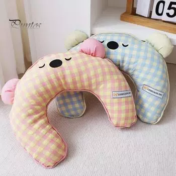 Уютная подушка для медведя с милым мультяшным дизайном U-образная недеформируемая моющаяся эластичная клетчатая подушка для домашнего животного розовый