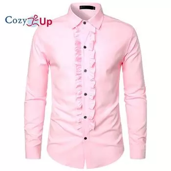 Уютная розовая рубашка-смокинг с рюшами и оборками, мужская рубашка в стиле ретро 70-х годов, рубашка на пуговицах со складками, мужская рубашка для свадьбы, ужина, Chemsie Homme S розовый