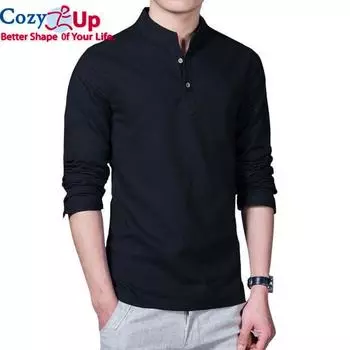 Уютная рубашка-поло, мужская модная рубашка с воротником-стойкой с длинным рукавом, мужская повседневная льняная рубашка, мужская плюс белая 2XL чёрный