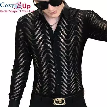 Уютная сексуальная прозрачная мужская рубашка с длинным рукавом, приталенная рубашка-смокинг, полые Camisa Hombre, черно-белая готическая вечерние повседневная классическая рубашка для мужчин