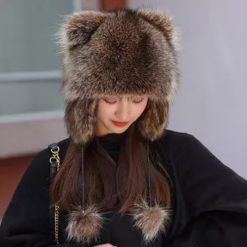 Уютная шапка с хвостом енота и ушами для детей и взрослых - теплые уши из искусственного меха лисы в стиле американского барсука с кошачьими ушками Adult белый