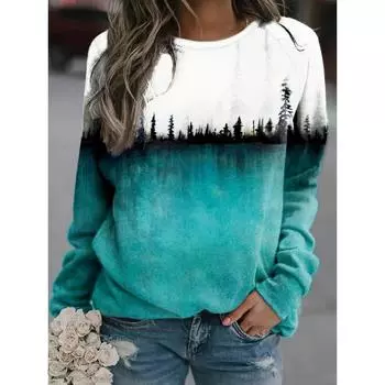 Уютная толстовка из полиэстера с лесным принтом и круглым вырезом, мягкая, микроэластичная, стандартной длины, повседневная, с плечами реглан, идеально подходит для осенне-зимнего сезона S