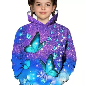 Уютная толстовка с капюшоном с 3D-принтом «Бабочка» — мягкий толстый флис, теплая, модная, украшенная пайетками — идеально подходит для мальчиков и девочек на осень 100