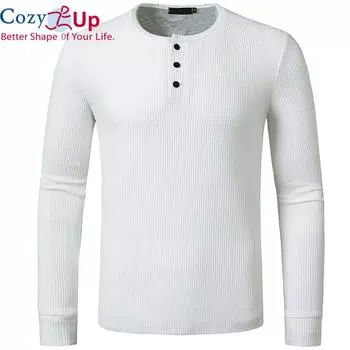 Уютная вафельная футболка, мужская рубашка на пуговицах, повседневная облегающая футболка с длинными рукавами, однотонные топы в стиле хип-хоп, Camisetas S белый