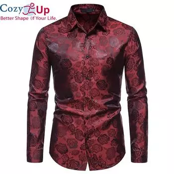 Уютная винно-красная роза с цветочным принтом, модные мужские классические рубашки с длинным рукавом, приталенная рубашка, мужская рубашка для свадьбы, клубной вечеринки, сорочка Homme S чёрный