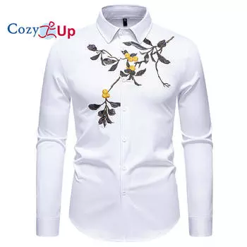 Уютная высококачественная мужская рубашка с цветочной вышивкой, дизайнерская рубашка Hombre 2025, новинка в роскошном платье с длинным рукавом для вечеринки, мужские винтажные рубашки S белый