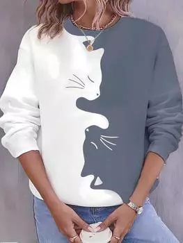 Уютная женская толстовка с принтом кота - Удобный круглый вырез, струящиеся длинные рукава, свободный крой - Милые рисунки с котом для повседневного ношения XXS