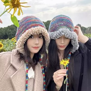 Уютная зимняя плюшевая шапка с радужным дизайном, теплая ветрозащитная, идеально подходит для утепленной вязаной шапки для женщин, аксессуары хаки