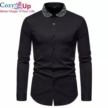 Уютная золотая вышивка, белая рубашка, мужские рубашки с воротником-стойкой, мужские классические рубашки, повседневные тонкие рубашки с длинным рукавом S чёрный