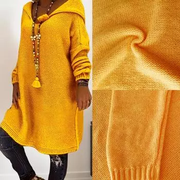 Уютное однотонное платье-свитер с капюшоном - мягкое, с длинным рукавом, трикотажное, повседневное, незаменимое на осень и зиму - удобная женская одежда для пышных фигур 1XL жёлтый