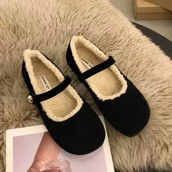 Уютные балетки из овечьей шерсти с квадратным носком, женские теплые туфли Мэри Джейн с мехом Тедди, элегантные пушистые плюшевые мокасины для женщин 35 чёрный