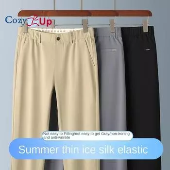 Уютные брюки из ледяного шелка, повседневные брюки, мужские прямые свободные эластичные брюки с полуэластичной резинкой на талии M чёрный