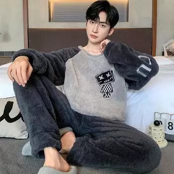 Уютные фланелевые пижамные комплекты для мужчин - комплекты для сна с длинным рукавом, круглым вырезом, топом и свободными брюками M чёрный