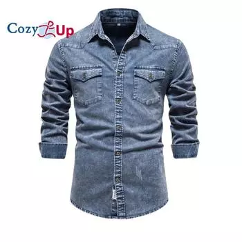 Уютные хлопковые мужские джинсовые рубашки с двойным карманом, однотонные повседневные мужские ковбойские рубашки, новые осенние тонкие качественные рубашки для мужчин S синий