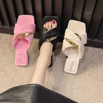 Уютные мягкие шлепанцы из искусственной кожи, женские плоские тапочки, летние уличные с открытым носком, с металлической пряжкой, дизайнерские сандалии, синие шлепанцы 35 бежевый