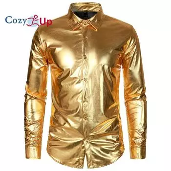 Уютные мужские блестящие облегающие рубашки металлик в стиле диско с длинными рукавами и пуговицами для вечеринок в ночном клубе S серебряный