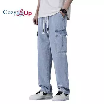 Уютные мужские джинсовые брюки с эластичной резинкой на талии, повседневные однотонные джинсы, брюки M чёрный