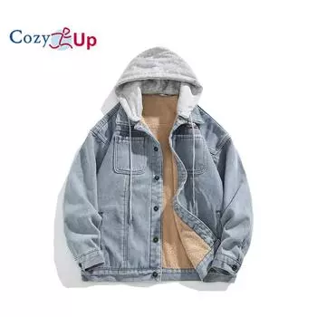 Уютные мужские джинсовые пальто из шерпа на флисовой подкладке, верхняя одежда с капюшоном (съемный) M чёрный