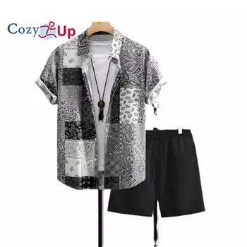 Уютные мужские гавайские комплекты с цветочным принтом на пуговицах, повседневная рубашка с короткими рукавами и шорты, наряды S чёрный